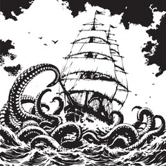 Kraken vs Ship Vector — Black and White Illustration of Sailing Vessel Battling Giant Tentacles in Stormy Sea with Dramatic Sky © arshadartworks