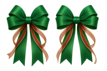 Green gift bows with red and gold ribbon on transparent background, symbolizing christmas holiday giving
