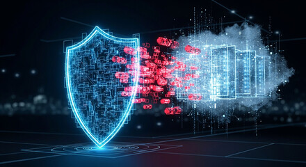 Cyber security shield protecting data cloud network from virus and malware attack threat online safety