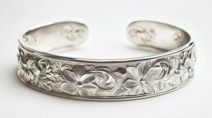 A handcrafted silver bracelet with engraved floral patterns displayed on a solid white background detailed etching visible under soft 