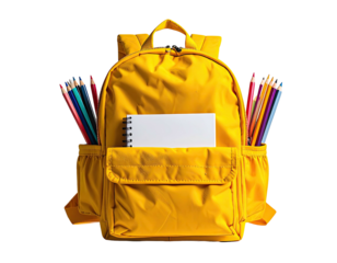 Bright yellow backpack filled with colorful pencils and a notebook