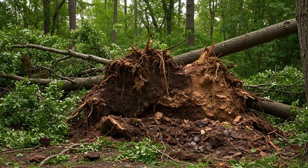 Fototapeta premium Uprooted tree in forest landscape showing exposed roots and fallen trunk details
