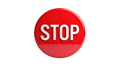 Circular red button with "STOP" in white, against a solid black background