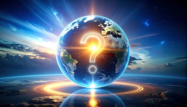A stylized globe featuring a radiant question mark, bathed in celestial light. It evokes wonder, query, knowledge, and the cosmos