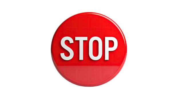 Circular red button with "STOP" in white, against a solid black background