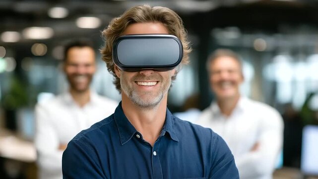 Innovative Team Collaboration with VR Headset in Office Setting