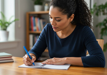 Focused woman diligently writing notes in a bright home office, planning her next steps for success.