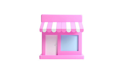 Pink 3D cartoon shop with awning, door, and window; isolated on a black background