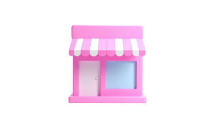 Pink 3D cartoon shop with awning, door, and window; isolated on a black background