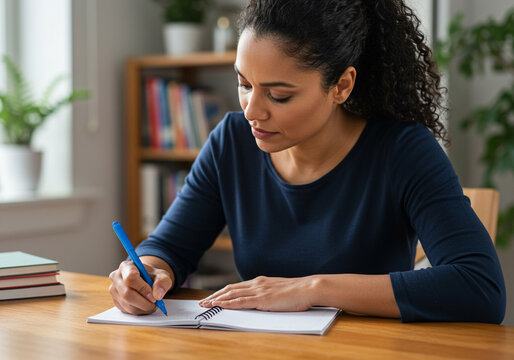 Focused woman diligently writing notes in a bright home office, planning her next steps for success.