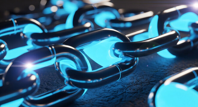 Close up of glowing blue chain links for blockchain technology and digital security concept use case illustration