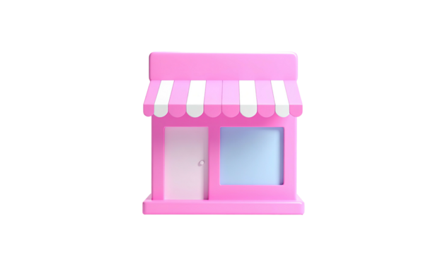 Pink 3D cartoon shop with awning, door, and window; isolated on a black background
