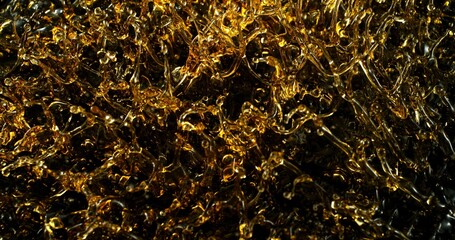 Freeze Motion of Abstract Oil Splashes on Black Background. Oil Drops Flying up in the Air. Concept of Beauty, Serum, Fuel or Fry.