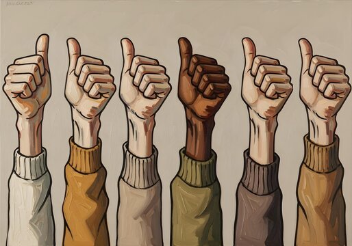 Illustrated hands giving thumbs up in various skin tones with colorful sweaters on plain background representing approval and diversity - Powered by Adobe