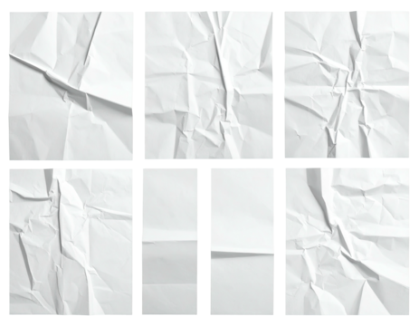 Six crumpled white sheets of paper in a grid