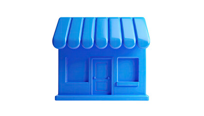 A glossy blue shop front, 3D rendered against a stark black backdrop