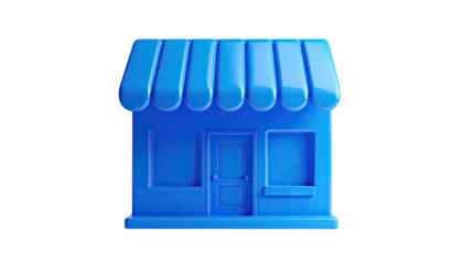 A glossy blue shop front, 3D rendered against a stark black backdrop