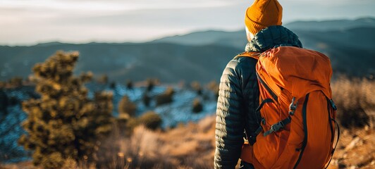Person with backpack hiking mountain vista