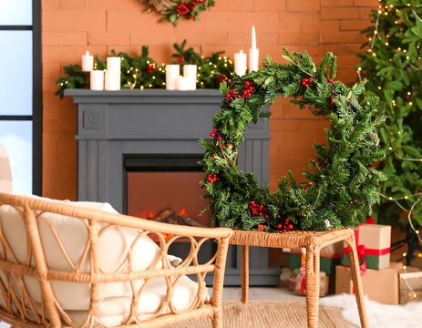 Cozy Christmas living room scene with wreath - Powered by Adobe