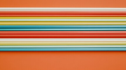 A horizontal line of multicolored straws stacked evenly top-down view placed on a solid neutral background vibrant mix of colors 