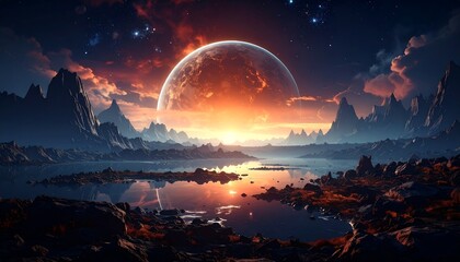 A breathtaking cosmic vista featuring a distant planet, its fiery glow painting the sky, reflected upon tranquil waters. Rugged mountain ranges frame the majestic scene