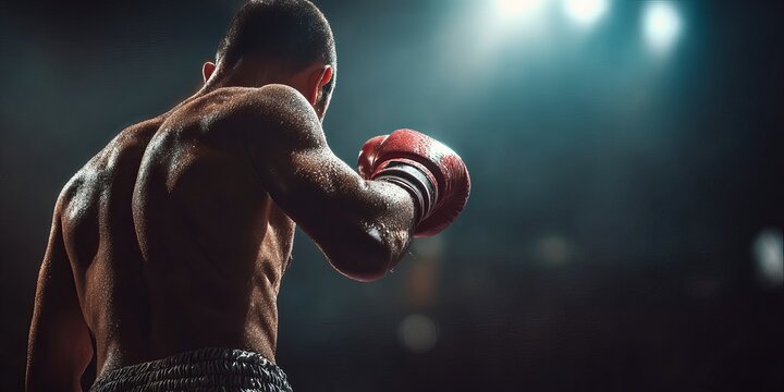 Boxer preparing to strike, lit by spotlights