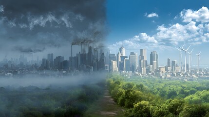 Futuristic eco city divided in half: polluted industrial side with smoke vs green sustainable energy side with wind turbines, symbolizing climate change