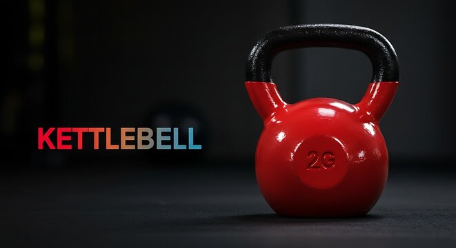 Vibrant red kettlebell for fitness and strength training on dark background - Powered by Adobe