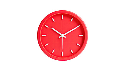 A vibrant red clock face against a stark black background, simple and modern