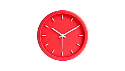 A vibrant red clock face against a stark black background, simple and modern