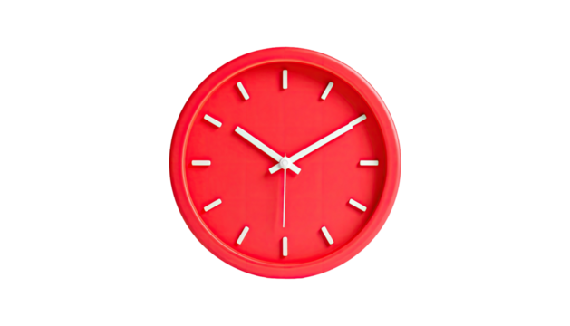 A vibrant red clock face against a stark black background, simple and modern
