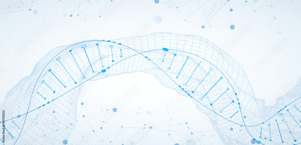 Wall mural abstract image of dna molecule on wireframe wave. scientific vector background.