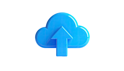 A blue, 3D cloud icon with an upward arrow, set against a black background