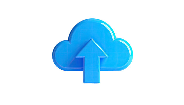 A blue, 3D cloud icon with an upward arrow, set against a black background
