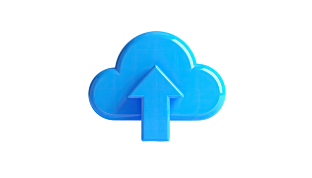 A blue, 3D cloud icon with an upward arrow, set against a black background