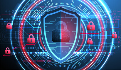Abstract technological background on the topic of information protection. Various technological elements with padlocks inside which is a digital code.