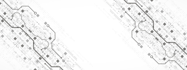 Technological background in gray colors. Used technical lines and a pattern of squares with different shades of gray.