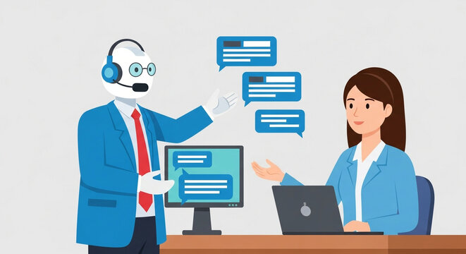 Ai chatbot customer service representative interacting with a human agent using technology support