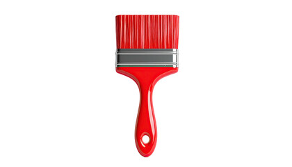 A brightly lit, red paint brush with a glossy handle set against a stark black backdrop