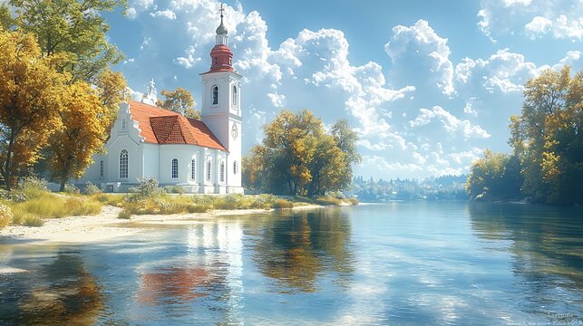 Riverside church landscape with trees and clear blue water high resolution image