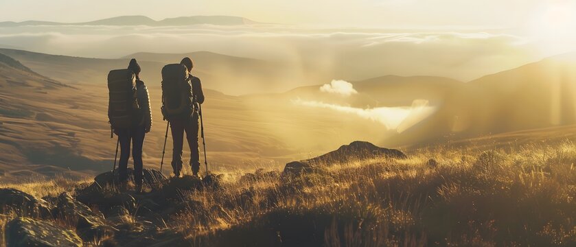 Adventurous couple contemplating majestic golden landscape during alpine hike