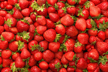 background of ripe strawberries, top view