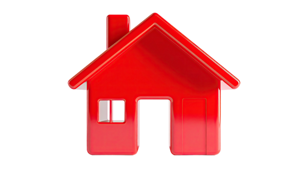 A glossy red house icon with a window, door, and chimney against a black backdrop