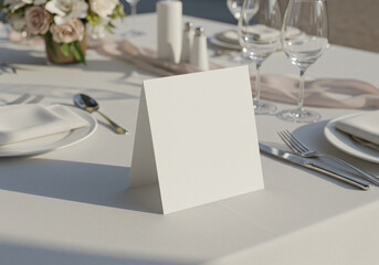 Elegant table setting with blank place card ready for personalized messages at an outdoor event