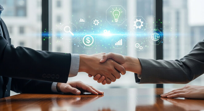 Business partnership handshake agreement with digital technology innovation and success concept