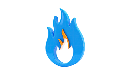 A blue flame with orange and white detailing against a black background