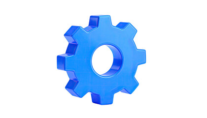 A bright blue, 3D gear with a circular center, isolated on a black background