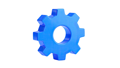 A bright blue, 3D gear with a circular center, isolated on a black background