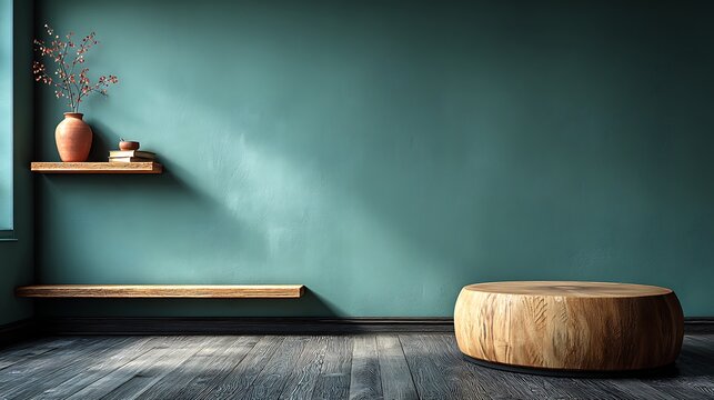 Minimal classroom style background with clean chalkboard green gradient wall, small round podium, wide empty area for online learning ads, digital education, e-learning content