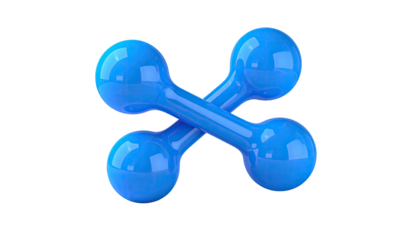 Two shiny, blue dumbbells cross each other against a stark, black background